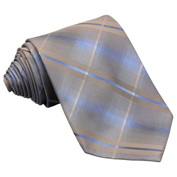 Kenneth Cole Reaction Tie 56"x3.25" 100% Silk Plaid Blues And Grays Dress Office - Picture 1 of 8